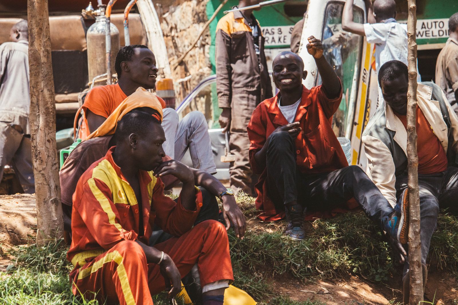 Mechanics at an auto repair and welding workshop in Nairobi, Kenya