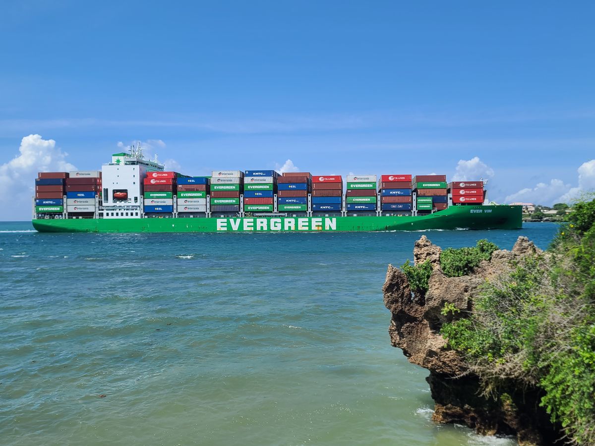 A container ship in the coastal waters of Mombasa, Kenya